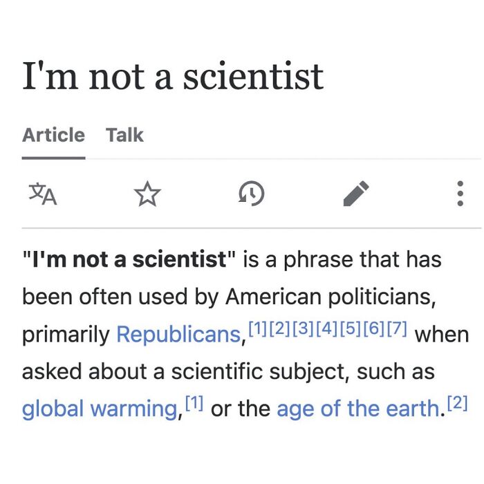 Wikipedia page excerpt about the phrase I'm not a scientist used by politicians