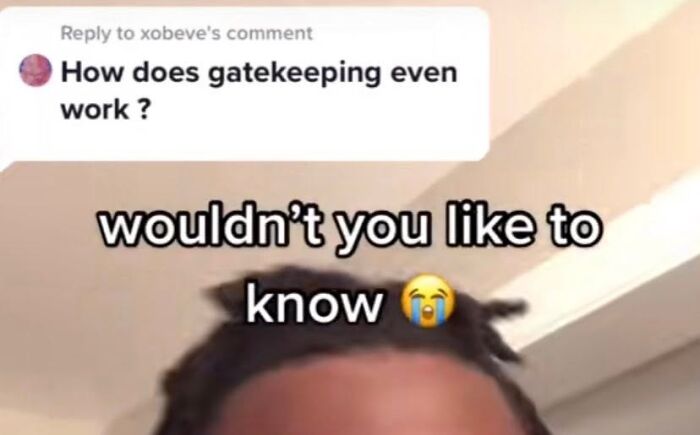 A meme with a question How does gatekeeping even work? and a reply wouldn't you like to know.