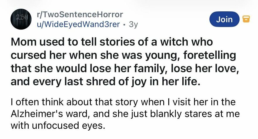 Short spine chilling stories about a witch curse causing loss and Alzheimer’s