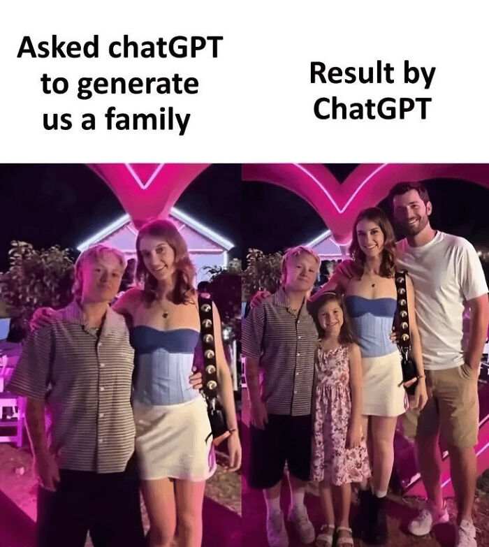 A blursed meme showing a side-by-side comparison of a family image before and after ChatGPT generated a child.