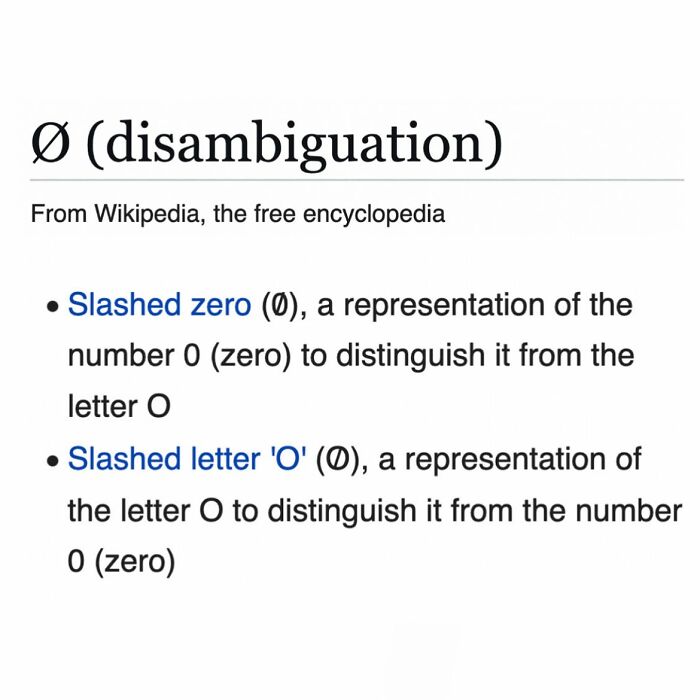 Disambiguation of slashed zero and slashed letter O on Wikipedia page