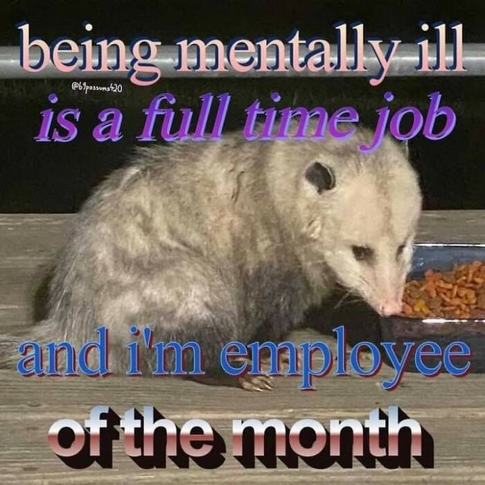 A meme with a possum eating, text says 'being mentally ill is a full time job and I'm employee of the month'. Send this meme to friends.