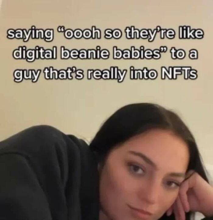 A meme of a woman saying, 'oooh so they're like digital beanie babies' to someone into NFTs. Share this meme with friends.