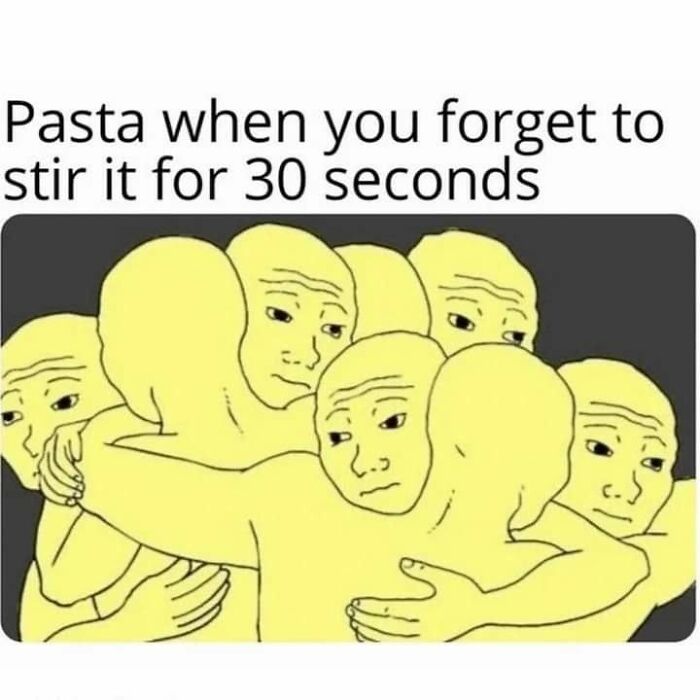 Sad hugging figures with caption about pasta stirring meme