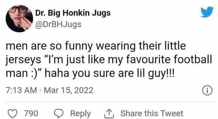 A funny tweet meme about men wearing football jerseys, by Dr. Big Honkin Jugs (@DrBHJugs).