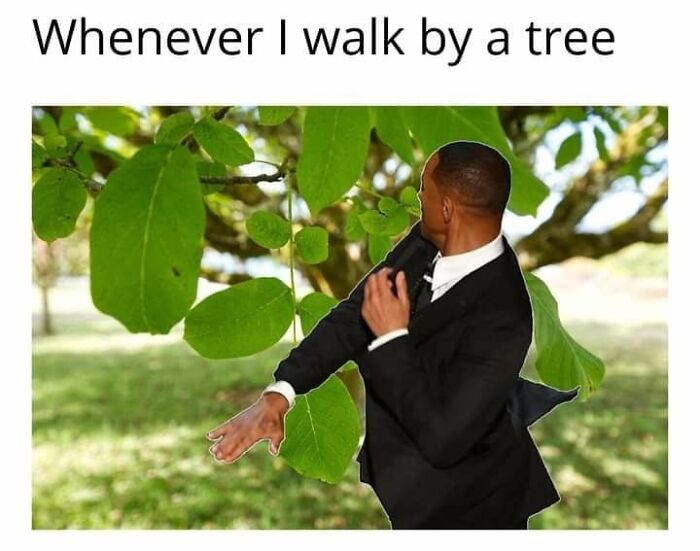 A humorous meme featuring Will Smith trying to avoid touching a tree while walking by it.