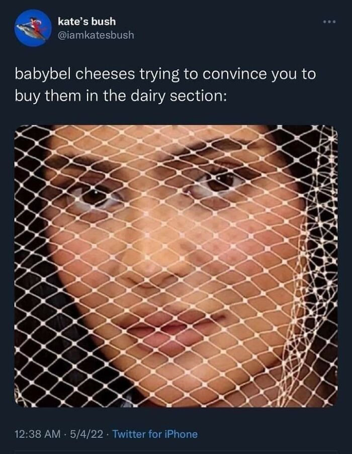 A meme of a person's face behind a net, humorously depicting Babybel cheeses, good for friends.