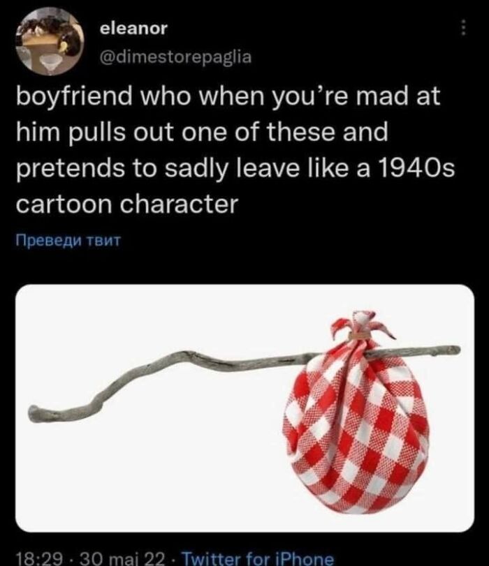 A meme of a tweet showing a stick with a red and white checkered bindle, referencing a boyfriend.