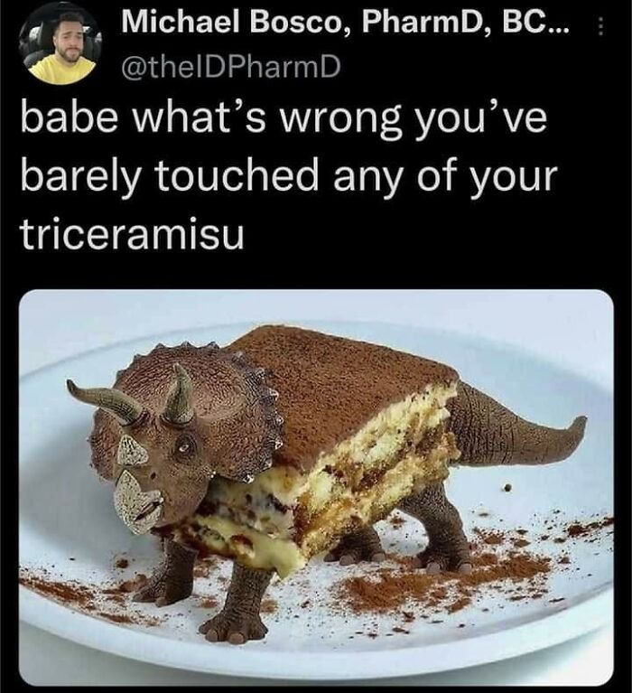 A meme of a tiramisu shaped like a triceratops with the text, Babe whats wrong you've barely touched any of your triceramisu. Send these memes to your friends.