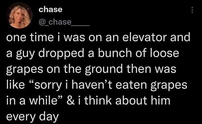 A meme from Chase about a guy dropping grapes in an elevator. These memes are perfect to send your friends.
