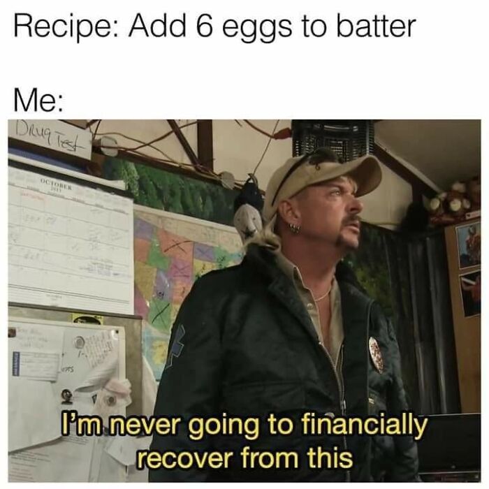 Hilarious meme of Joe Exotic saying I'm never going to financially recover from this, perfect to send your friends.
