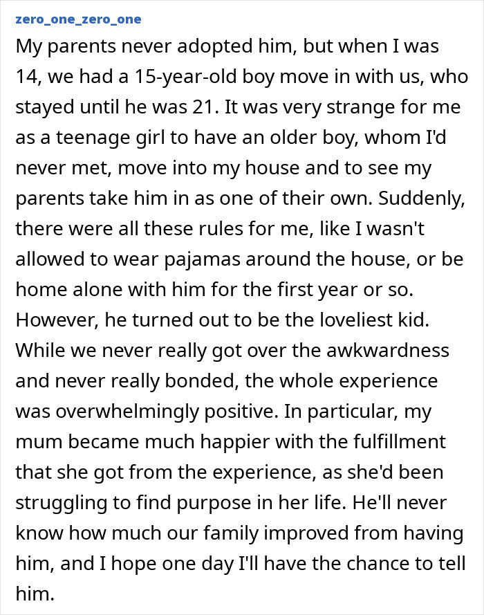 A screenshot of a personal adoption story, focusing on the choice of a family to welcome a teenage boy into their home.