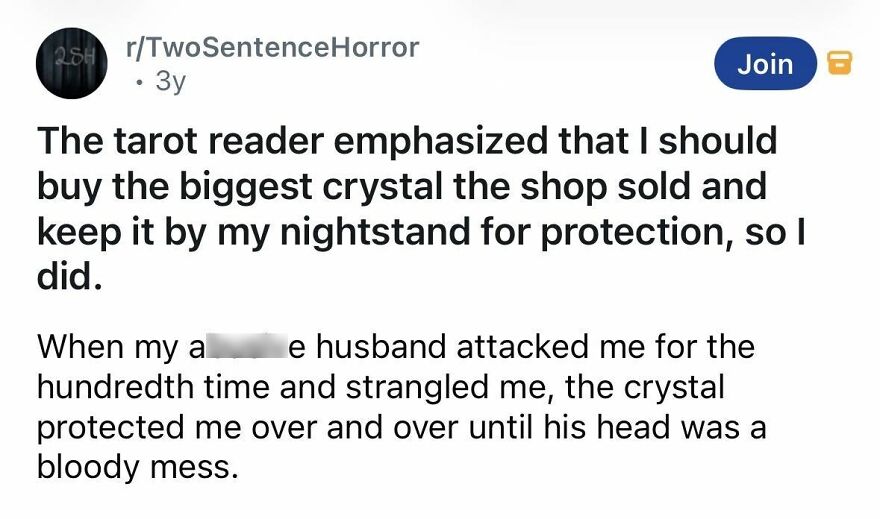 Short spine chilling stories about a crystal protecting from an a*****e husband