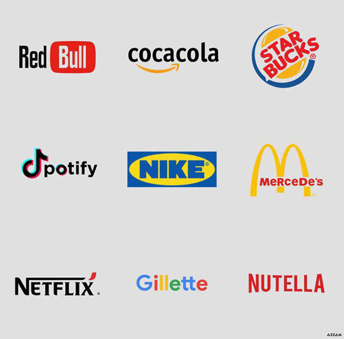 A blursed meme displaying popular brand logos with humorous misspellings or swapped elements.