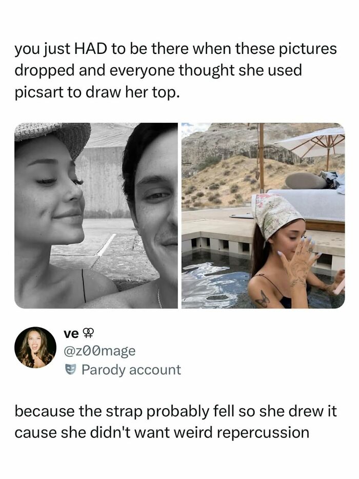 A social media post with two images of Ariana Grande, discussing pop culture posts.