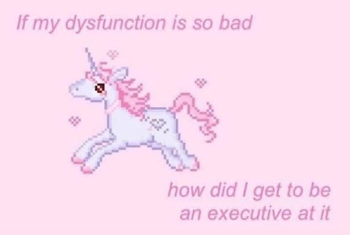 A pink background with a pixelated white and pink unicorn, featuring a humorous meme about dysfunction and executive roles.