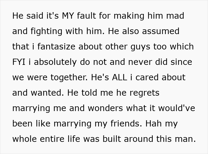 Text about husband revealing generated photos and regrets marrying her