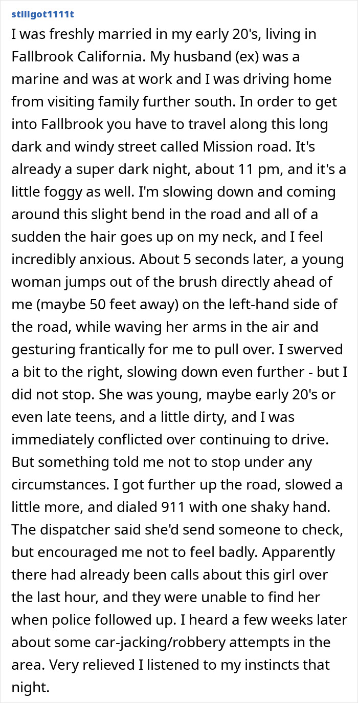 A story of a woman driving at night, experiencing strong gut feelings, and avoiding a dangerous situation.
