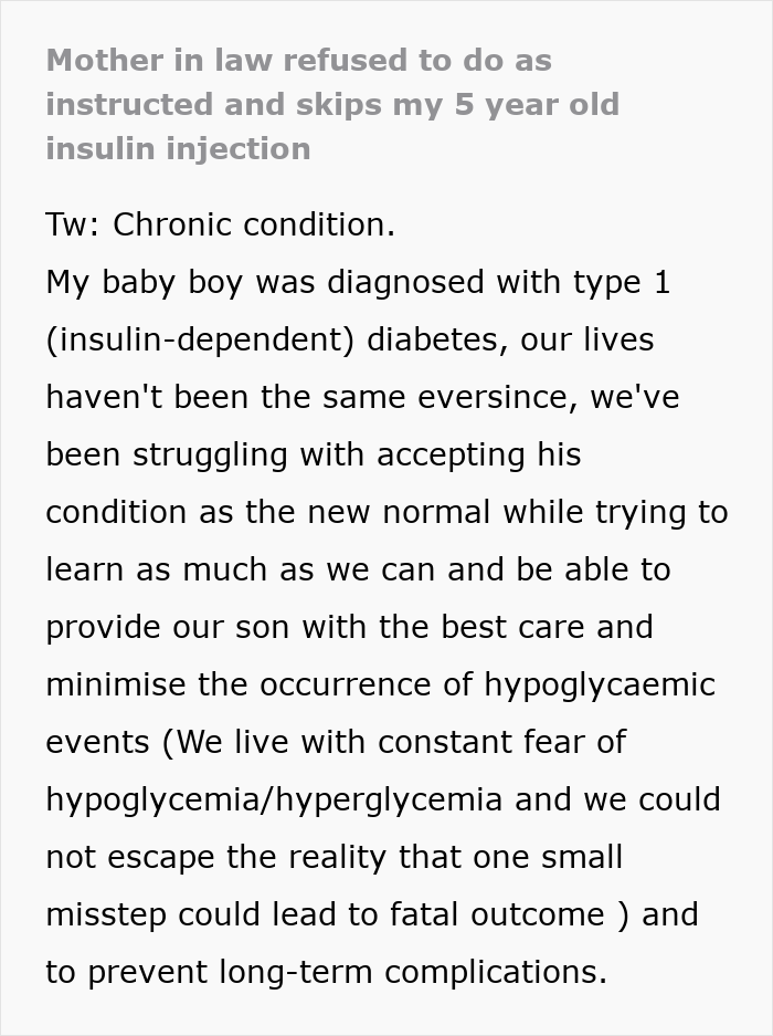 Entitled MIL causes parents to be livid as grandson ends up in ER with carbs instead of insulin.