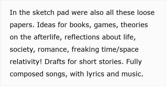 Text listing loose papers in a sketchbook with ideas for books, games, theories, and songs, revealing a husband's double life.