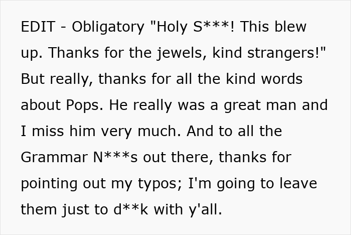 Text with an edit thanking kind strangers and acknowledging typos about a family member's funeral. Text with an edit thanking kind strangers and acknowledging typos about a family member's funeral.