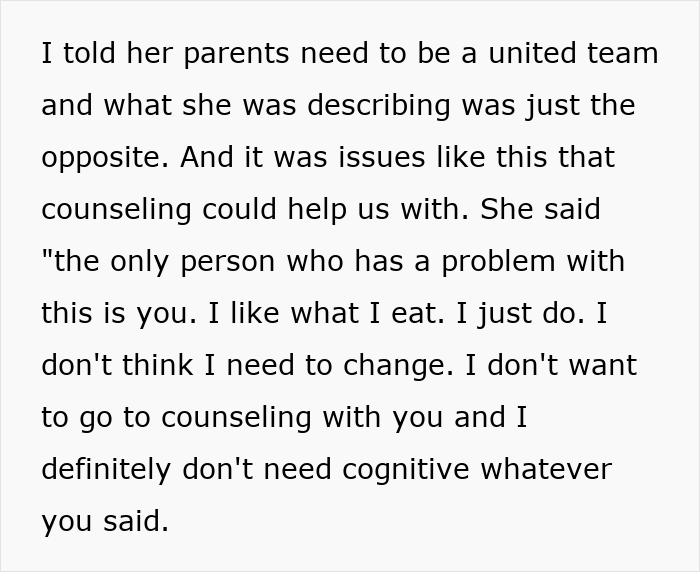 A screenshot of text detailing the picky eater girlfriend's refusal to change or seek counseling in their relationship. A screenshot of text detailing the picky eater girlfriend's refusal to change or seek counseling in their relationship.