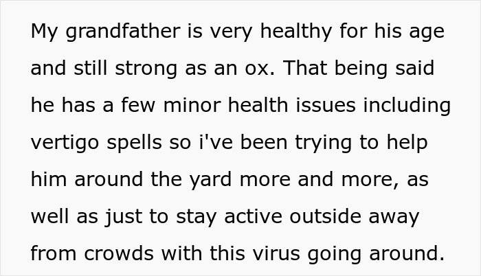Grandpa's health, strong but with vertigo, getting reality check to entitled mom. Grandpa's health, strong but with vertigo, getting reality check to entitled mom.