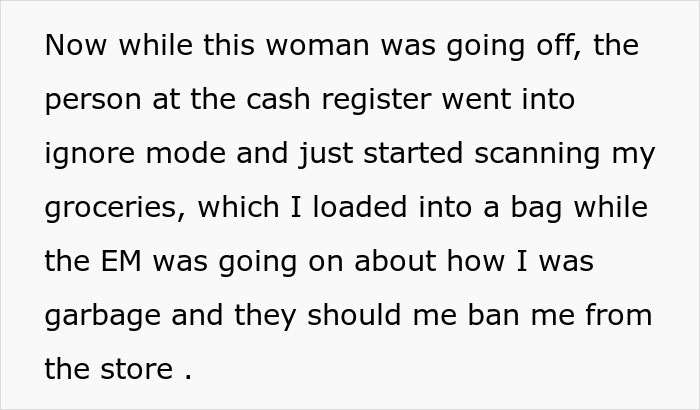 Text explaining a cashier ignoring an angry shopper during a parenting fail, scanning groceries instead. Text explaining a cashier ignoring an angry shopper during a parenting fail, scanning groceries instead.