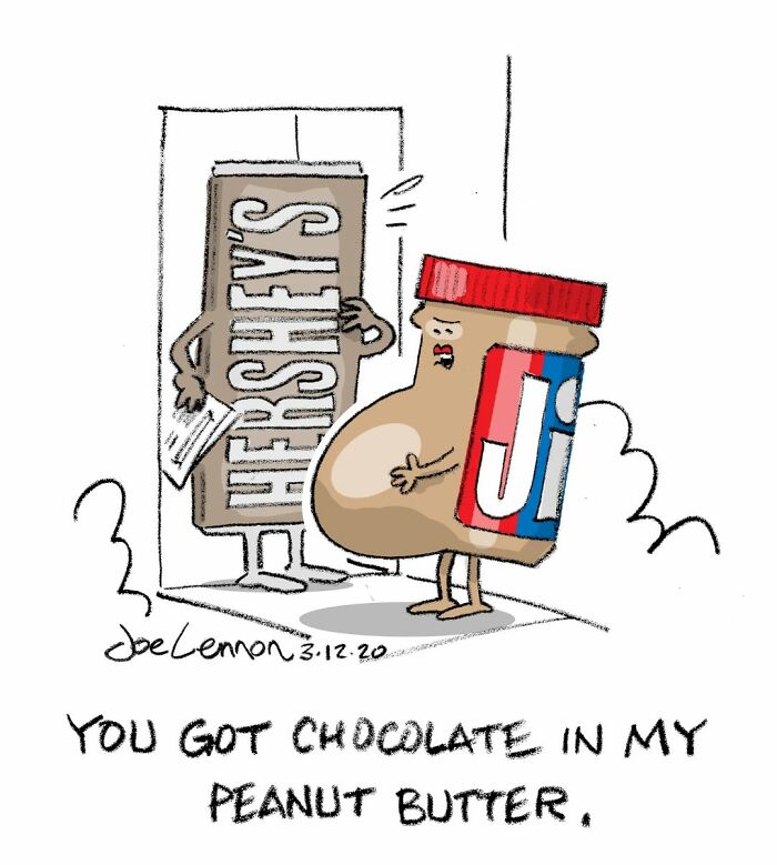 Comic of Hersheys chocolate bar talking to Jif peanut butter jar