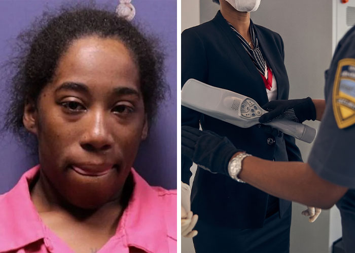 Mugshot of a woman and security check with metal detector at interview