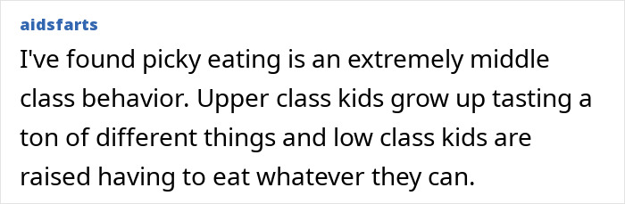 A screenshot of a Reddit comment by aidsfarts on picky eating as a middle-class behavior.