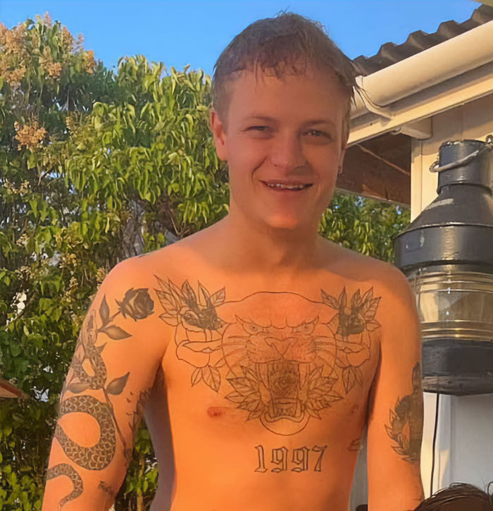 Norwegian Crown Princess's son shirtless showing tattoos outdoors Norwegian Crown Princess's son shirtless showing tattoos outdoors