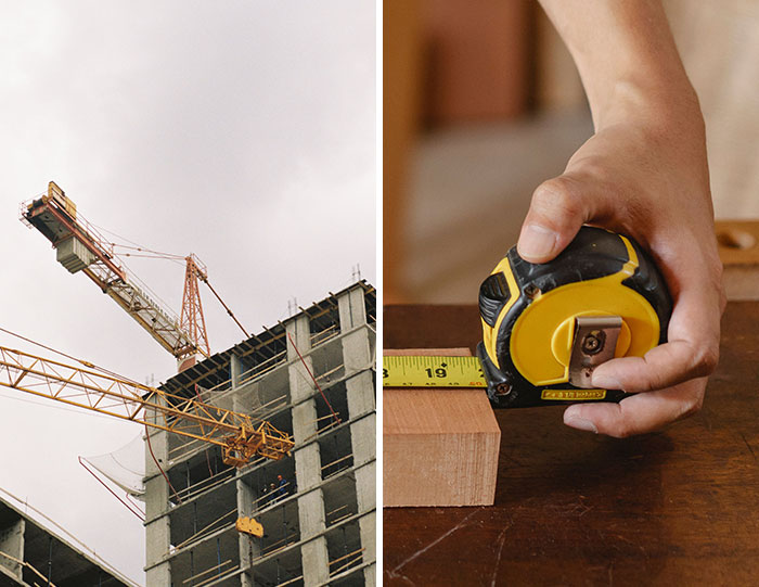 A construction crane next to a building and a hand measuring wood, illustrating bizarre accidents.