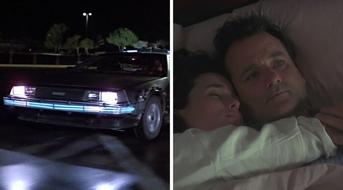 A split image featuring the DeLorean from Back to the Future and Bill Murray in bed for a Popular Fiction and Movies Would You Rather Poll.