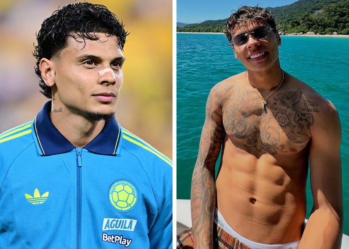 A split image showing two World Cup heartthrobs; one in a soccer jersey and the other shirtless on a boat.