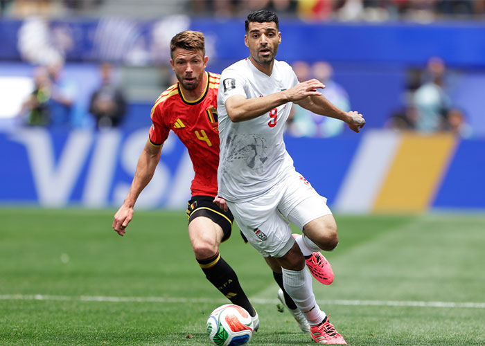 Iran World Cup player on the ball in Los Angeles, contributing to the viral frenzy.