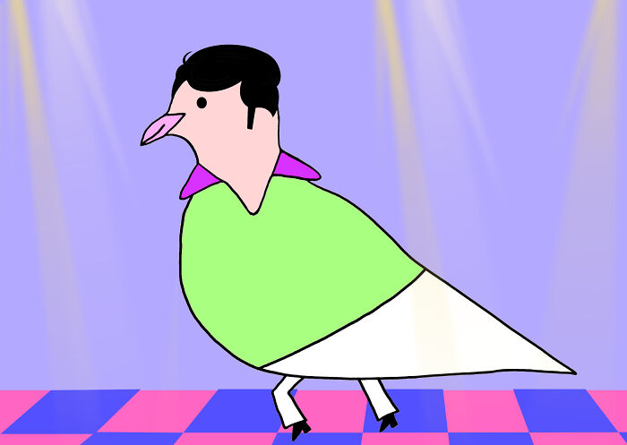 An adorable dove character with a human head, green shirt, and white pants dances on a checkered floor.