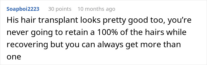 Online comment discussing John Cena's hair transplant recovery and the possibility of multiple procedures.