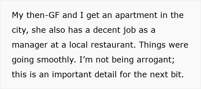 Text excerpt about apartment, decent jobs, and relationship details Text excerpt about apartment, decent jobs, and relationship details