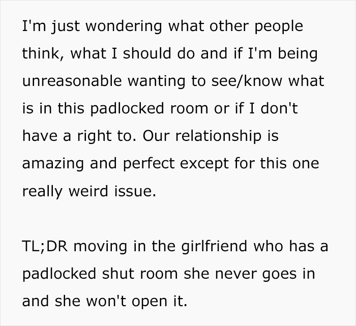Text about man's concern over girlfriend's locked room and relationship issues Text about man's concern over girlfriend's locked room and relationship issues