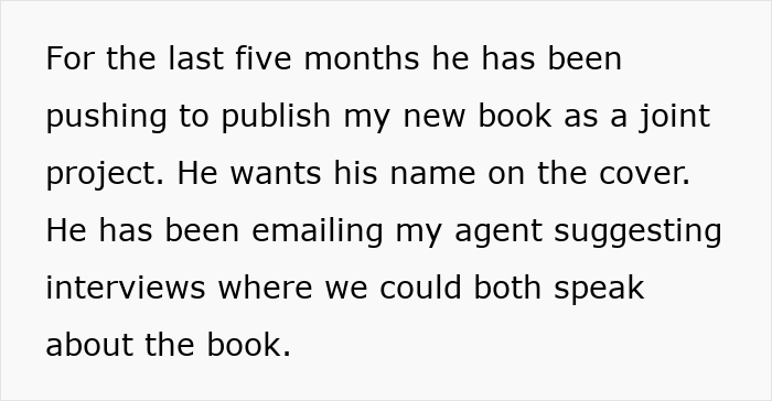 A screenshot of text from a story about a guy who wants his name on author GF's book, claiming he co-wrote it.