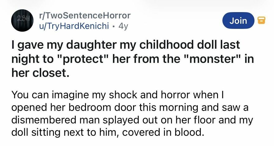 Short spine chilling stories about a childhood doll protecting from monster in closet