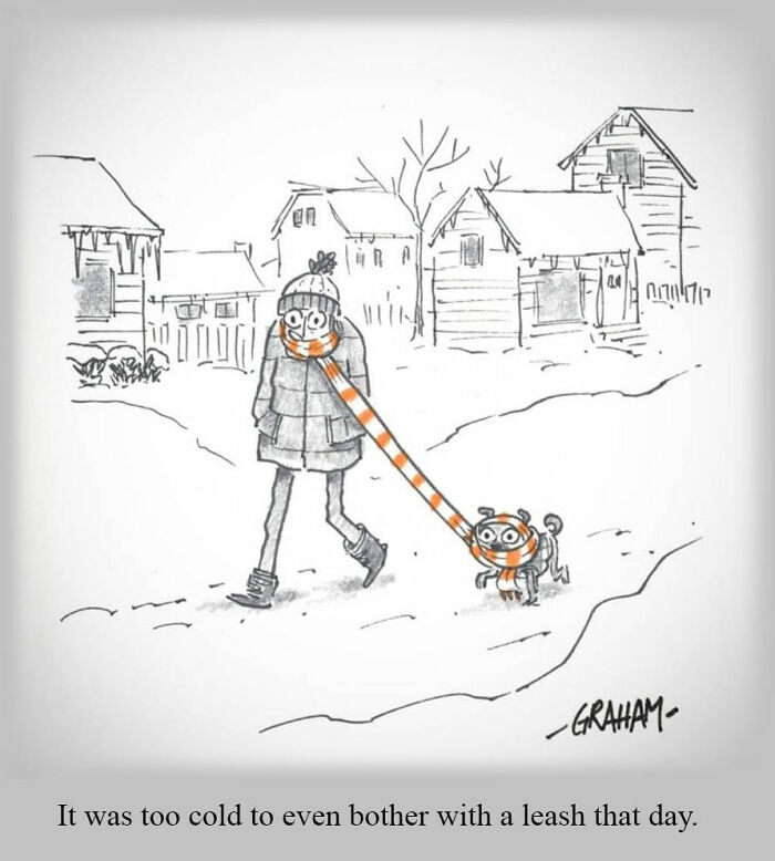 Person and dog sharing scarf on cold day in subtle humor comics by Grickle
