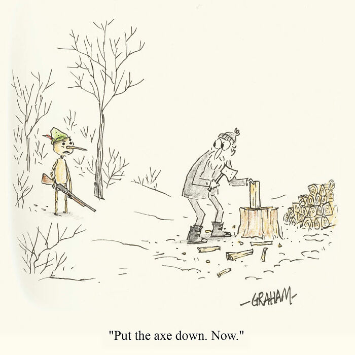 Hunter caught chopping wood by wooden figure in subtle humor comics by Grickle
