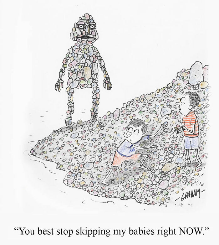 Kids skipping stones with rock figure warning them in subtle humor comics by Grickle