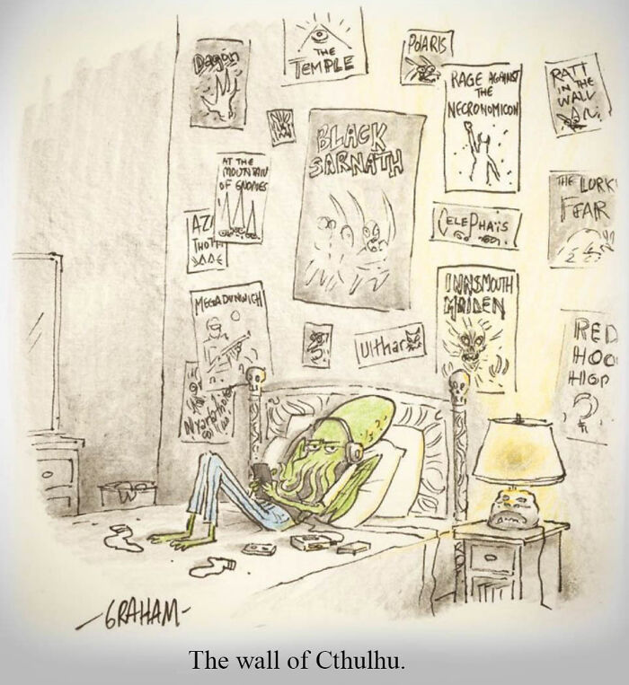 Cthulhu relaxing in bed with music and posters covering the wall in a comic