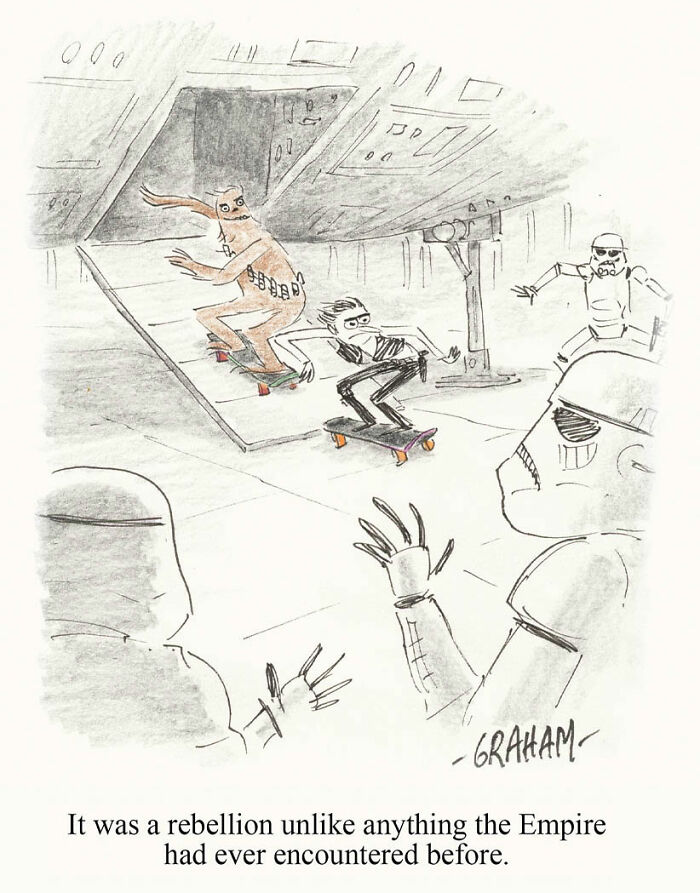 Star Wars characters skateboarding in a rebellion-themed subtle humor comic