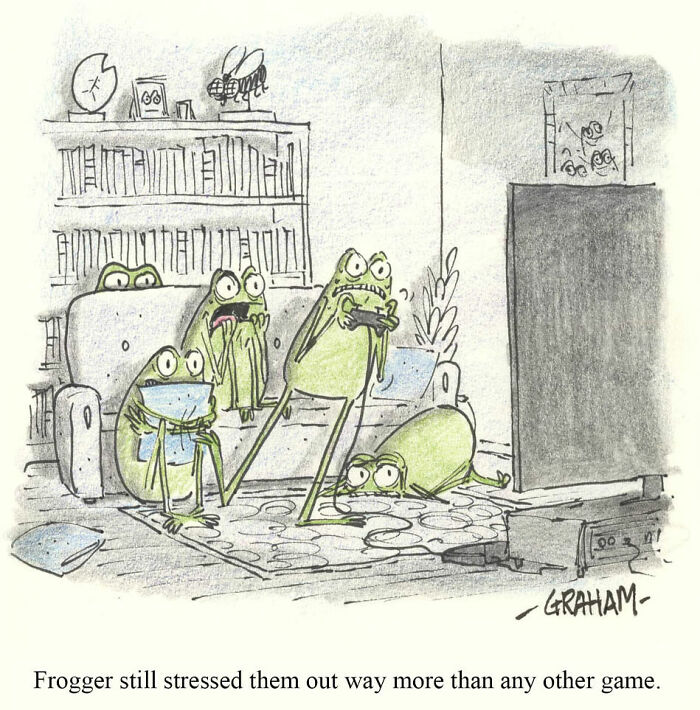 Frogs stressed out playing Frogger video game in a humor comic
