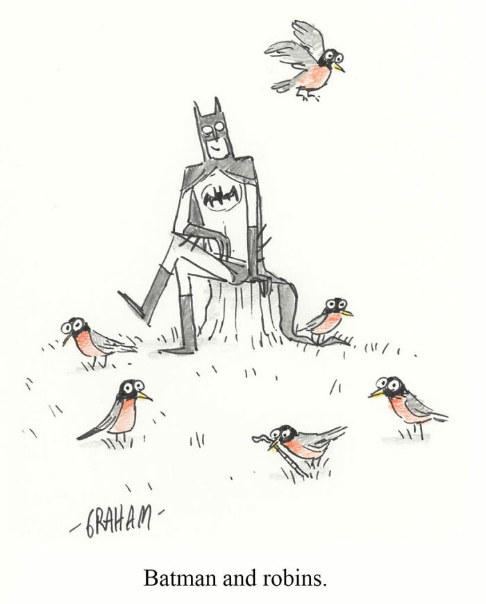 Batman sitting on a tree stump surrounded by robins in a subtle humor comic