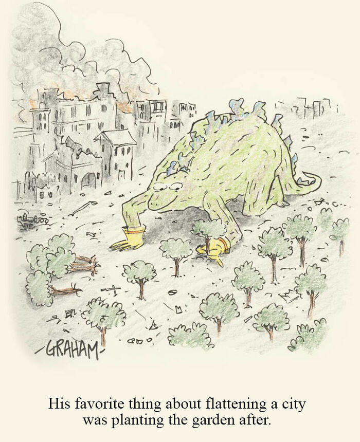 Lighthearted comic of a monster planting a garden after flattening a city in subtle humor style